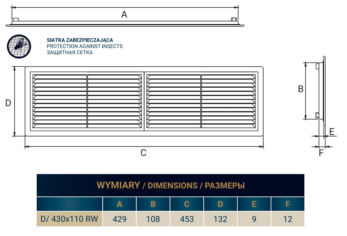 Louvre Vent D/430X110RW Classic 430mm X 110mm with Fly Screen - Best4Trade-Retail
