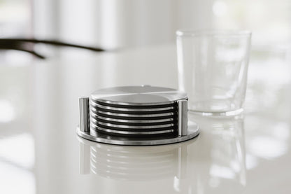 Zack Regio Brushed Stainless Steel Coaster Set with Stand — Set of 6