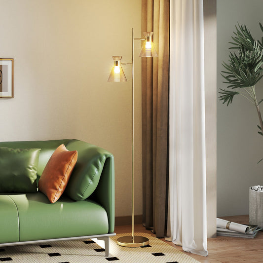 HOMCOM Floor Lamp with Adjustable Dual Head, Modern Standing Lamp with Floral Glass Shades and Foot Switch for Living Room Bedroom, E27 Socket, Bulb Not Included, Gold Tone