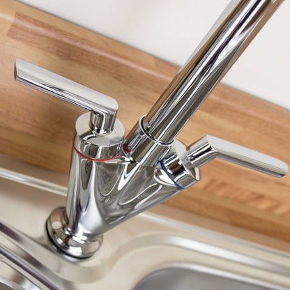 Astini Saturn Twin Handle Swivel Spout Kitchen Sink Mixer Tap with Brushed Steel and Chrome Finish
