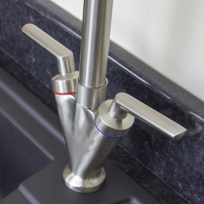 Astini Saturn Twin Handle Swivel Spout Kitchen Sink Mixer Tap with Brushed Steel and Chrome Finish