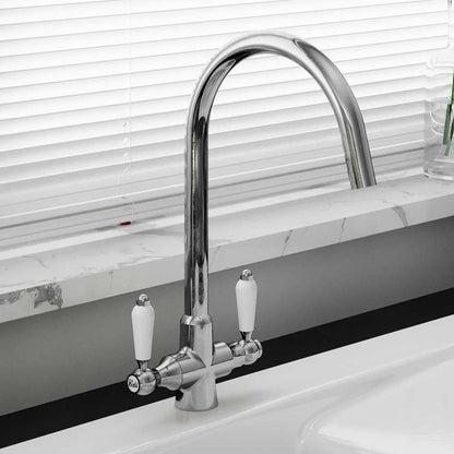 Astini Colonial Ceramic White Handle Twin Lever Kitchen Mixer Tap