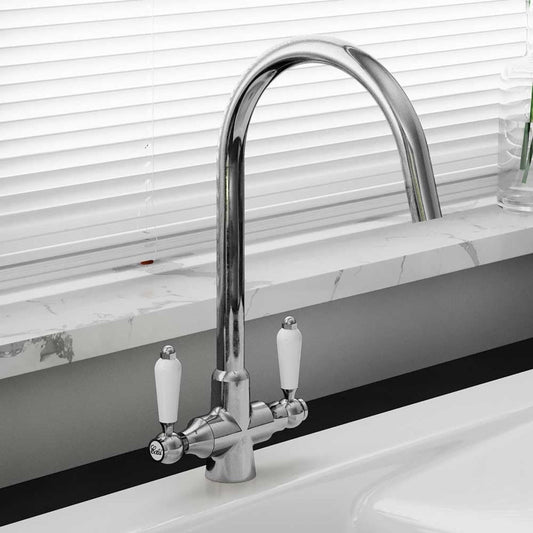 Astini Colonial Ceramic White Handle Twin Lever Kitchen Mixer Tap