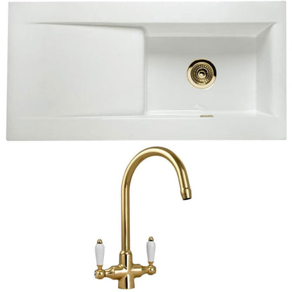 Astini Desire 100 1 Bowl White Ceramic Kitchen Sink with Waste & Colonial Tap