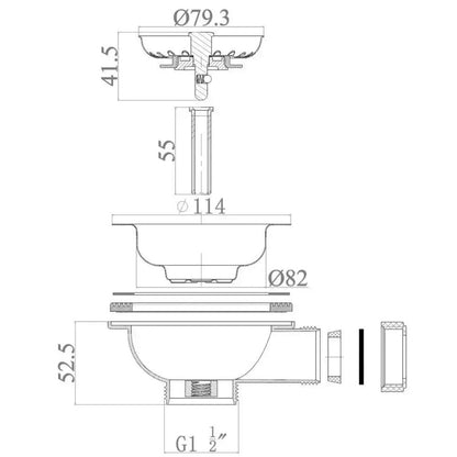 90 & 65mm Basket Strainer Waste for Astini, RAK, Rangemaster Ceramic Sink XK186+MBSWSS85-90