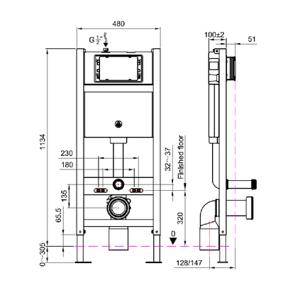 Astini Concealed Cistern & Toilet Frame for Wall Hung Toilets with Chrome Flush Plate