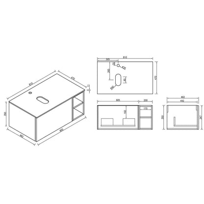 Astini Flauto 800mm Wall Hung Vanity W/ RH Side Storage & LH Counter Top