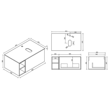 Astini Flauto 800mm Wall Hung Vanity Unit W/ LH Side Storage & RH Counter Top