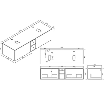 Astini Flauto 1400mm Wall Hung Double Vanity W/ Storage Box & Counter Top