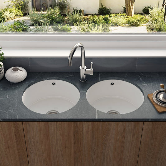 Astini Round Inset/Undermount 460 2.0 Bowl White Ceramic Kitchen Sink with Waste & Overflow