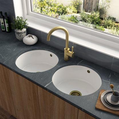 Astini Round Inset/Undermount 460 2.0 Bowl White Ceramic Kitchen Sink with Waste & Overflow