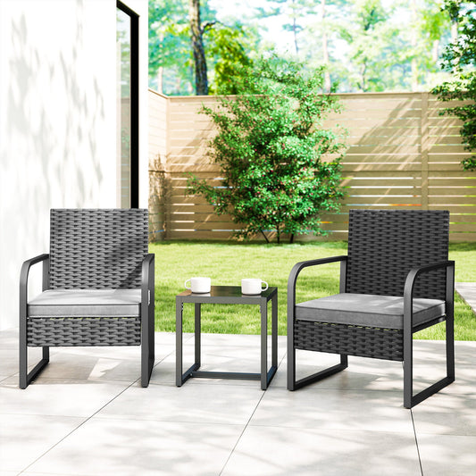 Outsunny Rattan Bistro Set, 3 Piece Garden Furniture Set with Cushions and Glass Top Table, Black