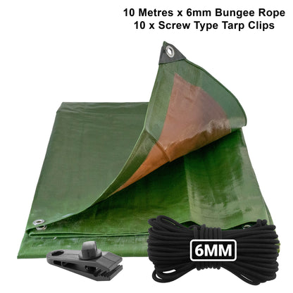 Green/Brown L-Grade Tarpaulin with 10m of 6mm Bungee Rope and 10 x Screw Type Tarp Clips - Best4Trade-Retail Tarpaulins