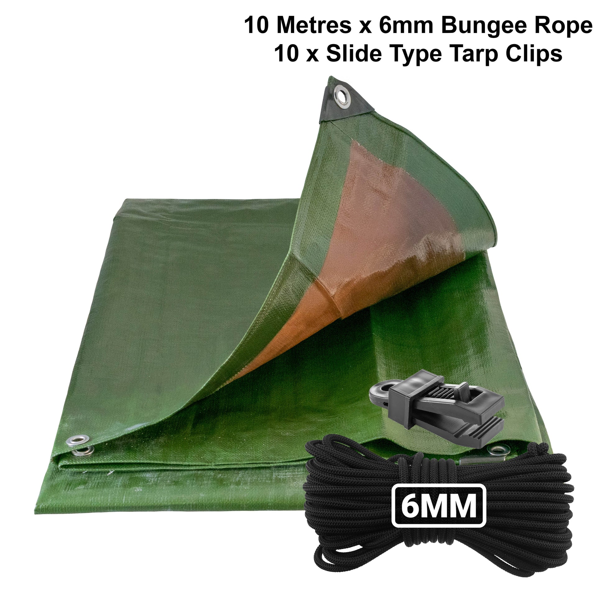 Green/Brown L-Grade Tarpaulin with 10m of 6mm Bungee Rope and 10 x Slide Type Tarp Clips - Best4Trade-Retail Tarpaulins