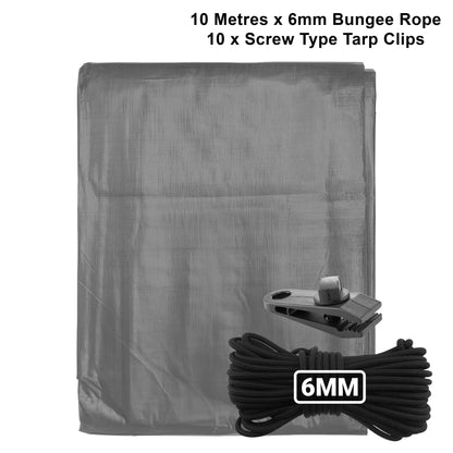 Grey L-Grade Tarpaulin with 10m of 6mm Bungee Rope and 10 x Screw Type Tarp Clips - Best4Trade-Retail Tarpaulins