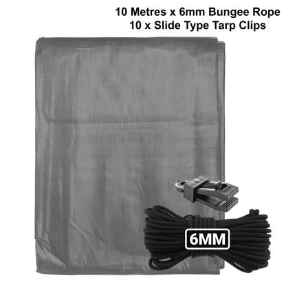 Grey L-Grade Tarpaulin with 10m of 6mm Bungee Rope and 10 x Slide Type Tarp Clips - Best4Trade-Retail Tarpaulins