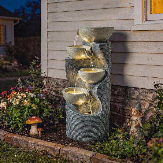 Outsunny Garden Water Feature, Outdoor Water Fountain with LED Lights and Pump, 5 Tier Cascading Waterfall Fountain for Indoor