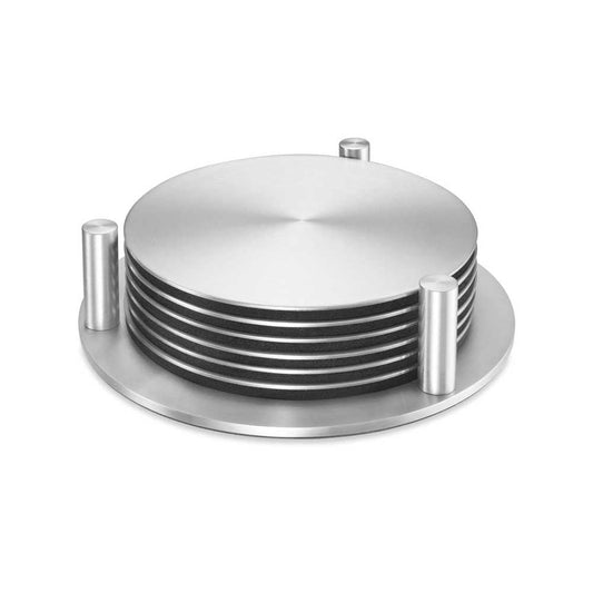 Zack Regio Brushed Stainless Steel Coaster Set with Stand — Set of 6