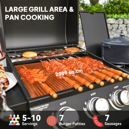 Outsunny 3+1 Burner Gas BBQ Grill with Storage Cabinet and Shelves, 11.6 kW Gas Barbecue Trolley with 6 Castor Wheels, Warming Rack, Thermometer for Outdoor Cooking Garden Party, Black