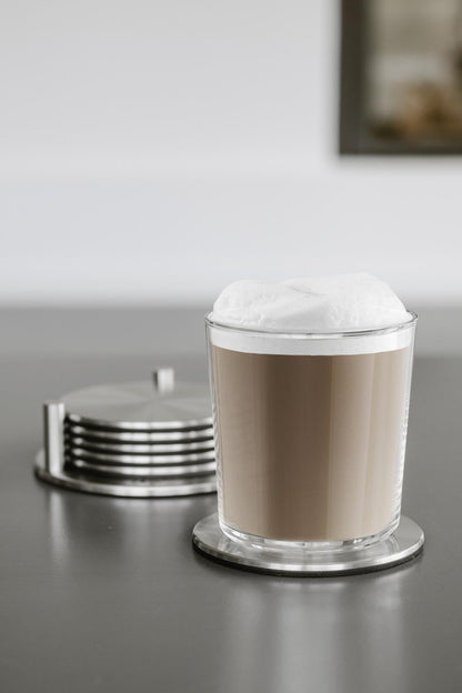Zack Regio Brushed Stainless Steel Coaster Set with Stand — Set of 6