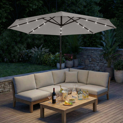 Outsunny 3 m Cantilever Parasol with Solar LED Lights Garden Umbrella with Cross Base, Light Grey