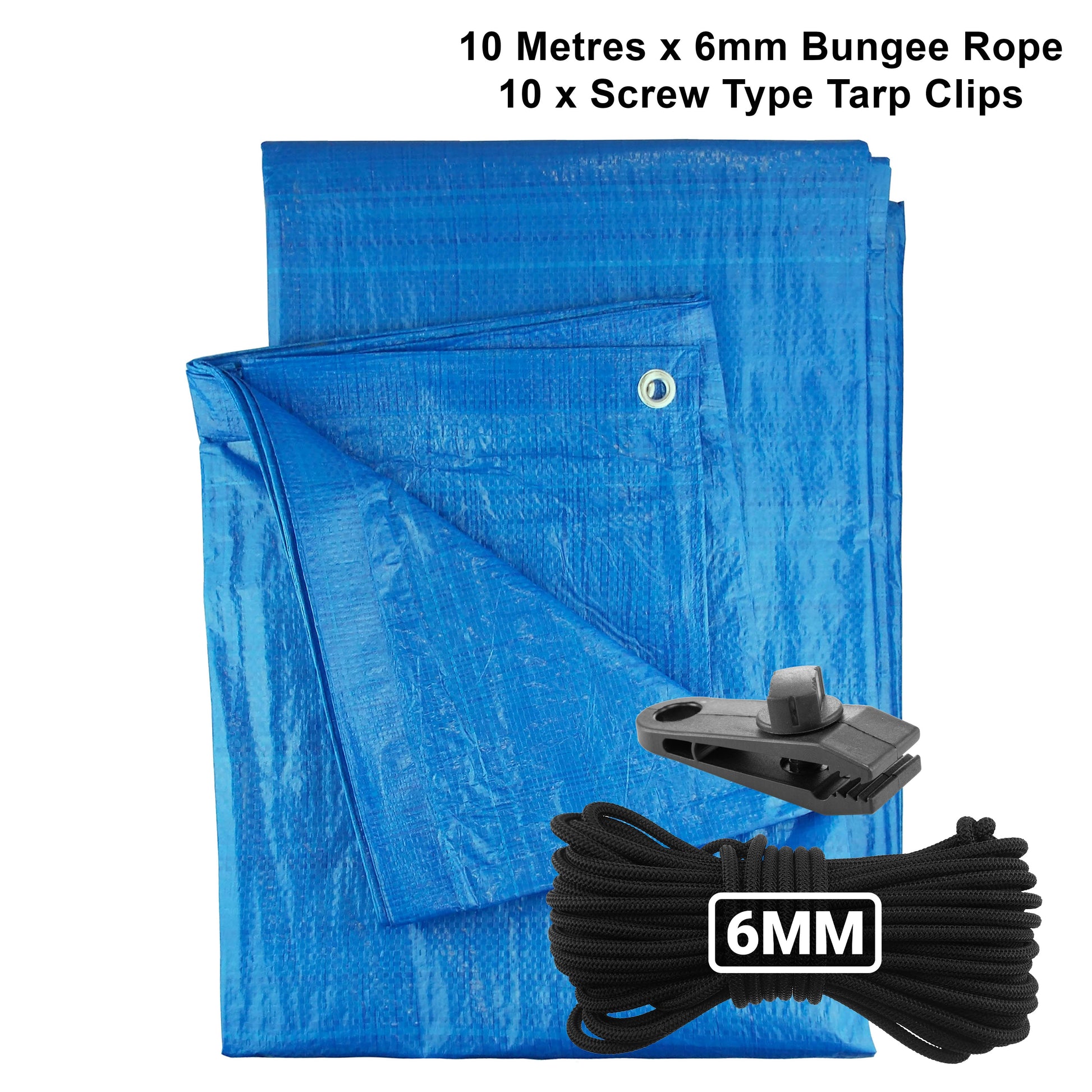 Blue S-Grade Tarpaulin with 10m of 6mm Bungee Rope and 10 x Screw Type Tarp Clips - Best4Trade-Retail Tarpaulins