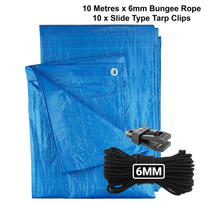Blue S-Grade Tarpaulin with 10m of 6mm Bungee Rope and 10 x Slide Type Tarp Clips - Best4Trade-Retail Tarpaulins