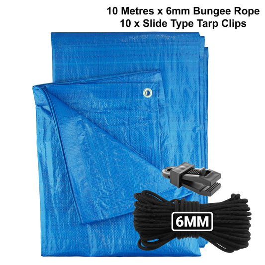 Blue S-Grade Tarpaulin with 10m of 6mm Bungee Rope and 10 x Slide Type Tarp Clips - Best4Trade-Retail Tarpaulins