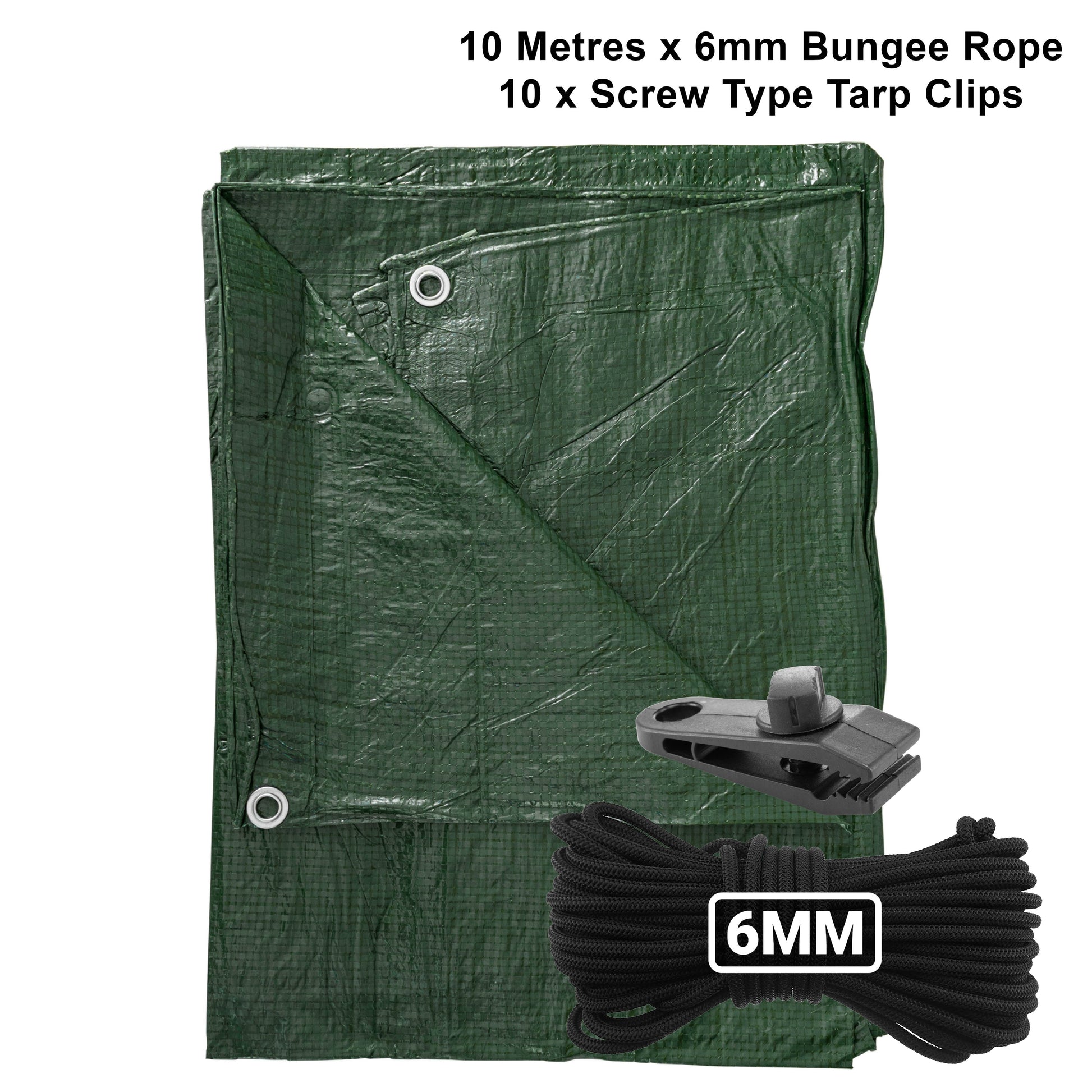 Green S-Grade Tarpaulin with 10m of 6mm Bungee Rope and 10 x Screw Type Tarp Clips - Best4Trade-Retail Tarpaulins