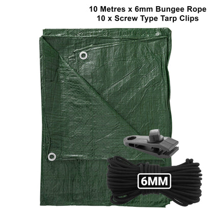 Green S-Grade Tarpaulin with 10m of 6mm Bungee Rope and 10 x Screw Type Tarp Clips - Best4Trade-Retail Tarpaulins