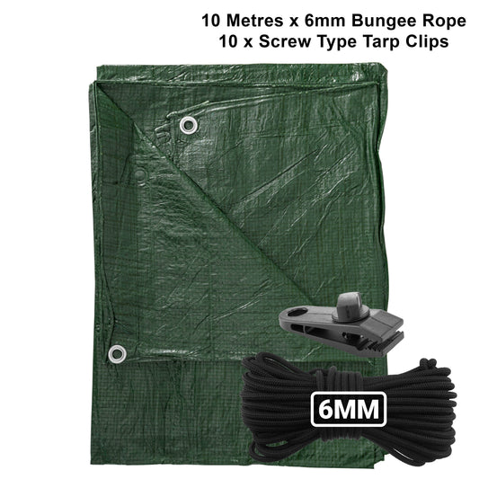 Green S-Grade Tarpaulin with 10m of 6mm Bungee Rope and 10 x Screw Type Tarp Clips - Best4Trade-Retail Tarpaulins