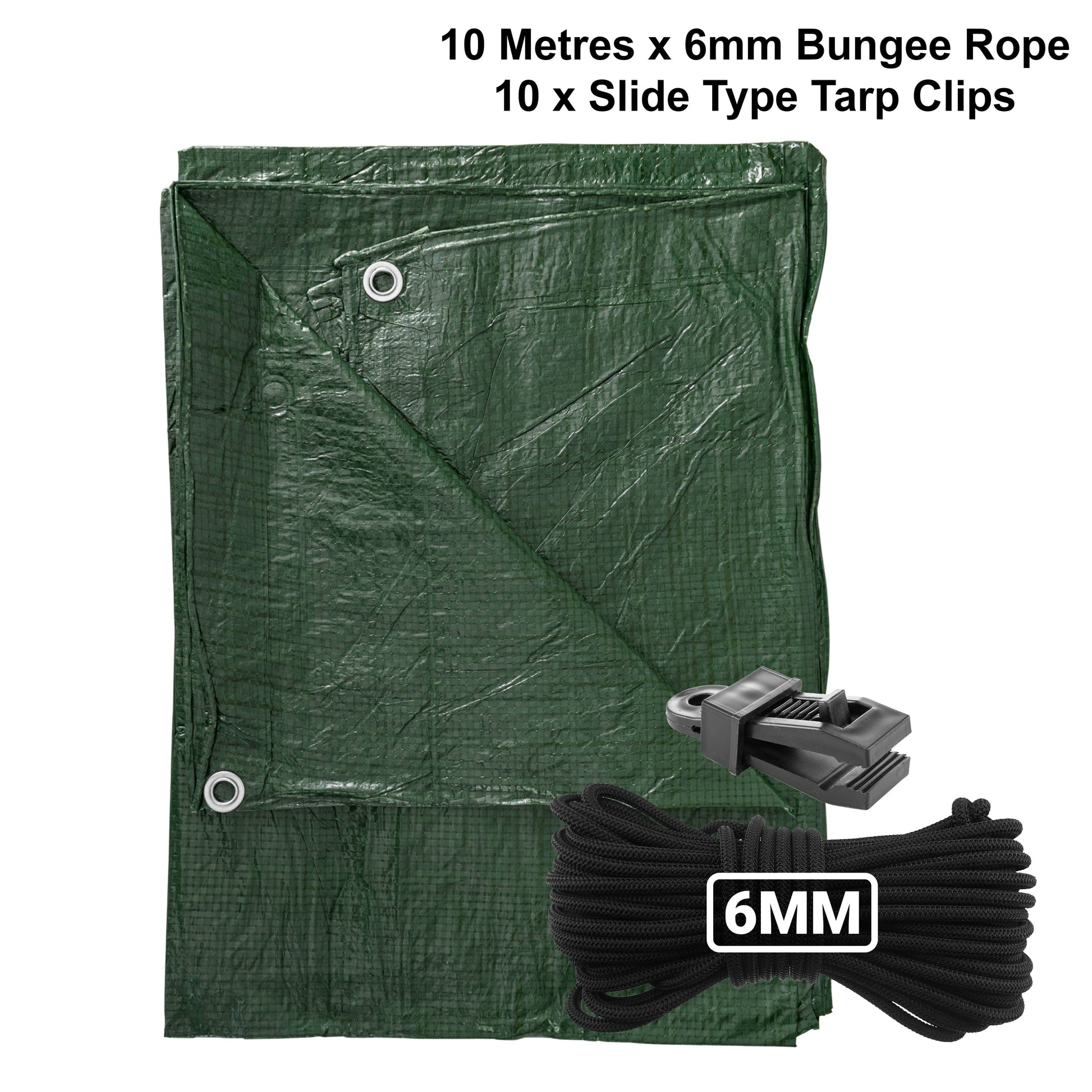Green S-Grade Tarpaulin with 10m of 6mm Bungee Rope and 10 x Slide Type Tarp Clips - Best4Trade-Retail Tarpaulins
