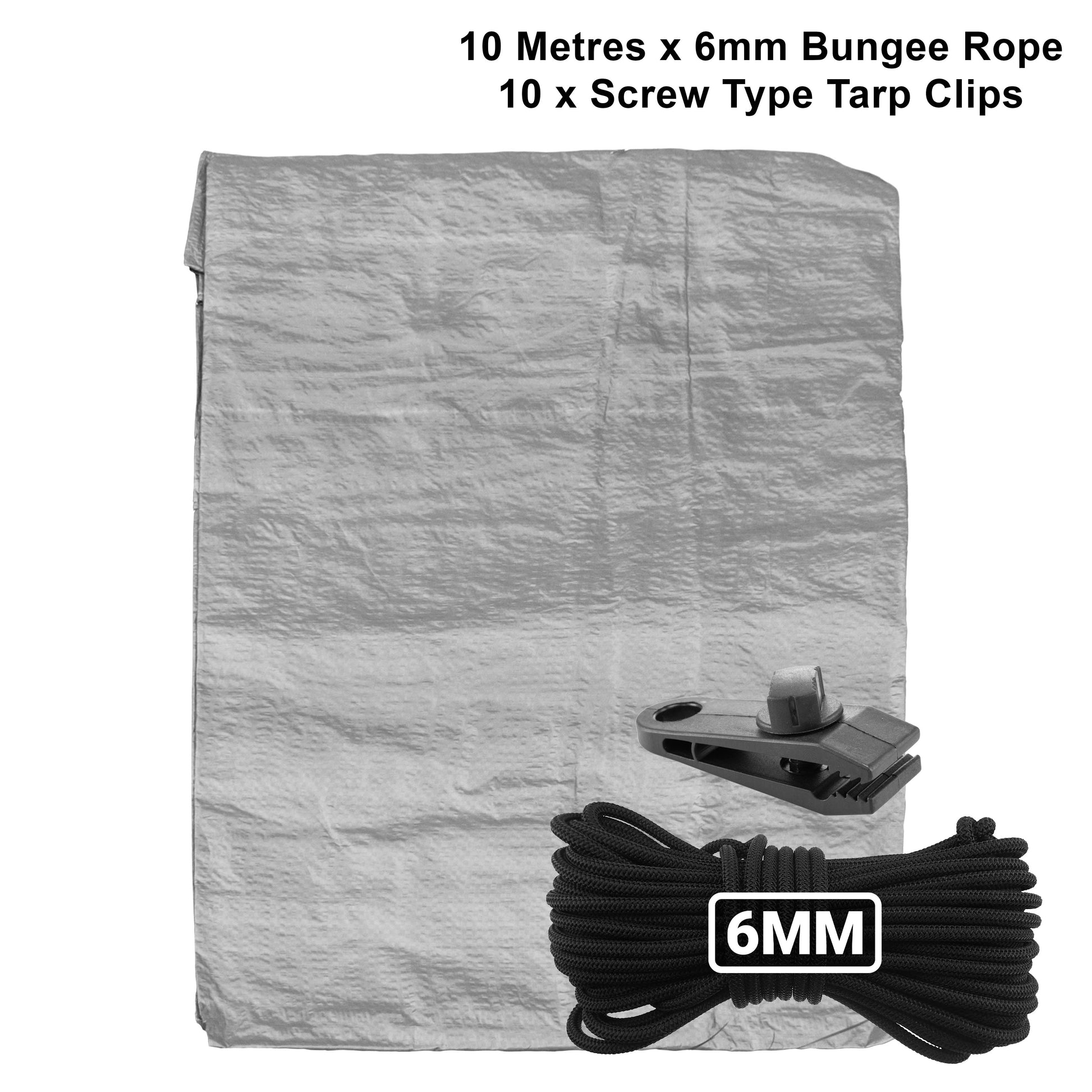 Grey S-Grade Tarpaulin with 10m of 6mm Bungee Rope and 10 x Screw Type Tarp Clips - Best4Trade-Retail Tarpaulins