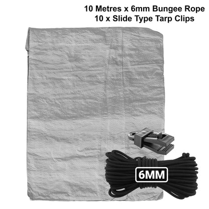 Grey S-Grade Tarpaulin with 10m of 6mm Bungee Rope and 10 x Slide Type Tarp Clips - Best4Trade-Retail Tarpaulins