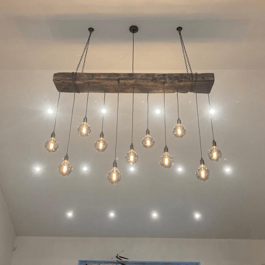 Chunky Wooden Beam Chandelier | Large Kitchen Island & Dining Lighting UK