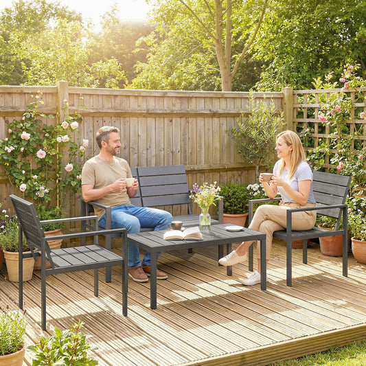 Outsunny 4 Piece Garden Furniture Set, Outdoor Sofa Set with HDPE Slatted Loveseat Armchairs Coffee Table Metal Frame, Dark Grey
