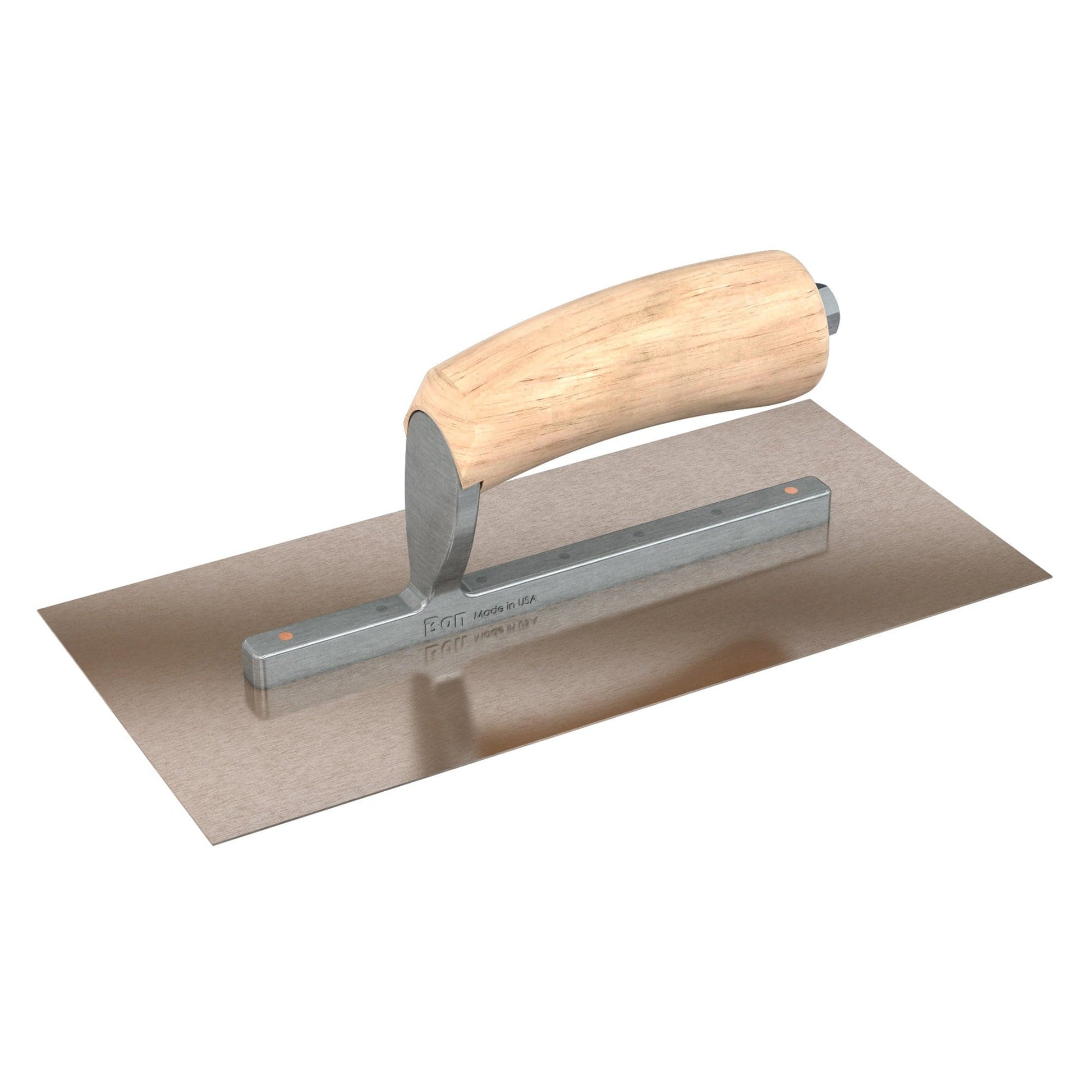Bon Tool Golden Stainless Steel Square End Finish Trowel - Long Shank - Camel Back Wood Handle - RHINOBUILD Bricklaying Tools