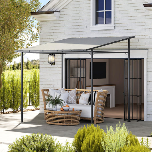 Outsunny 2.4 x 2.4 m Wall Mounted Pergola Gazebo with PA Coating Fabric, Metal Frame, UPF30+, Lean to Garden Gazebo, Light Grey