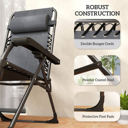 Outsunny Zero Gravity Chairs Set of 2, Folding Sunloungers Reclining Garden Chairs with Cup Holder, Headrest, Dark Grey