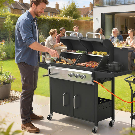 Outsunny 2+1 Burner Hybrid Dual Fuel BBQ Gas Grill, 2-in-1 Propane & Charcoal Barbecue Grill Smoker Combo with Wheels, Black