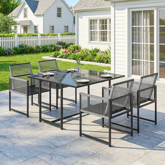 Outsunny 5 Pieces Garden Dining Set, Outdoor Patio Cube Set, 4 Seater Outdoor Table and Chairs with Foldable Backrest, Light Grey