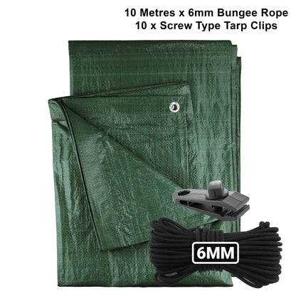 Green M-Grade Tarpaulin with 10m of 6mm Bungee Rope and 10 x Screw Type Tarp Clips - Best4Trade-Retail Tarpaulins