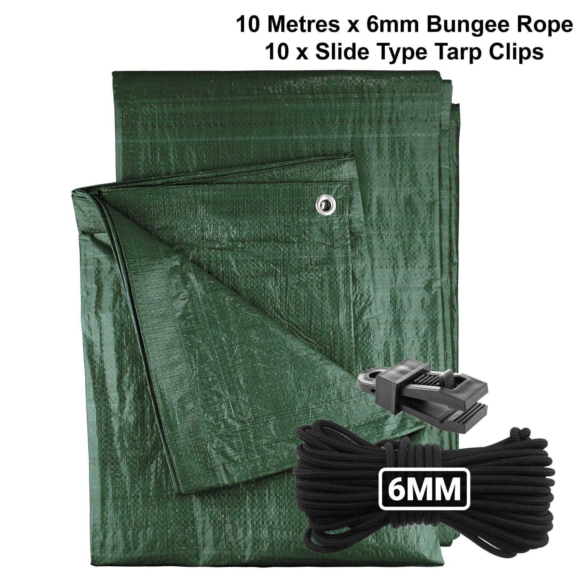 Green M-Grade Tarpaulin with 10m of 6mm Bungee Rope and 10 x Slide Type Tarp Clips - Best4Trade-Retail Tarpaulins