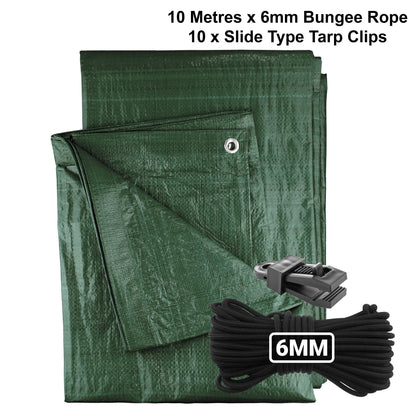 Green M-Grade Tarpaulin with 10m of 6mm Bungee Rope and 10 x Slide Type Tarp Clips - Best4Trade-Retail Tarpaulins