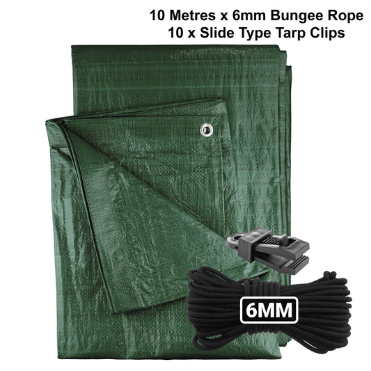 Green M-Grade Tarpaulin with 10m of 6mm Bungee Rope and 10 x Slide Type Tarp Clips - Best4Trade-Retail Tarpaulins