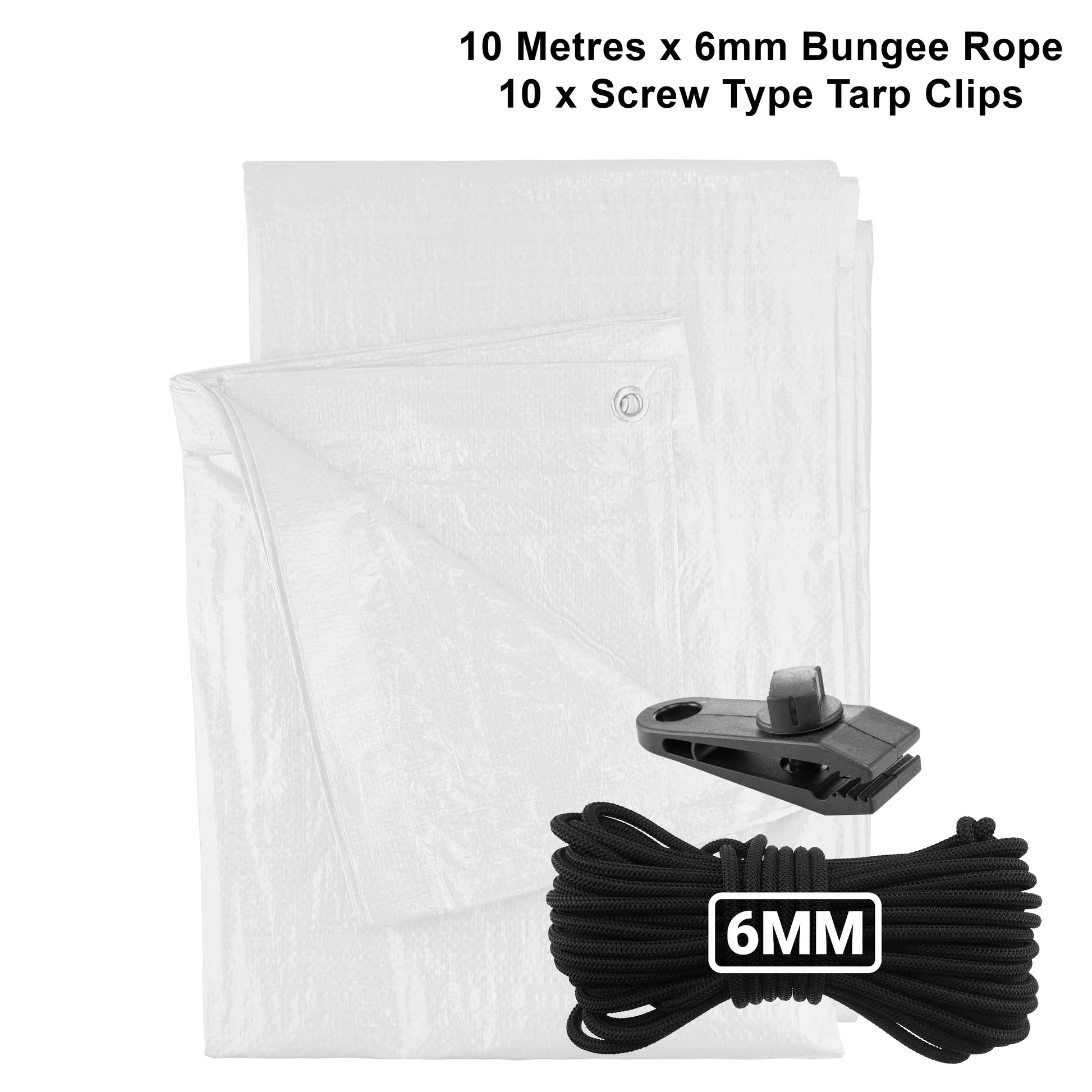 White M-Grade Tarpaulin with 10m of 6mm Bungee Rope and 10 x Screw Type Tarp Clips - Best4Trade-Retail Tarpaulins