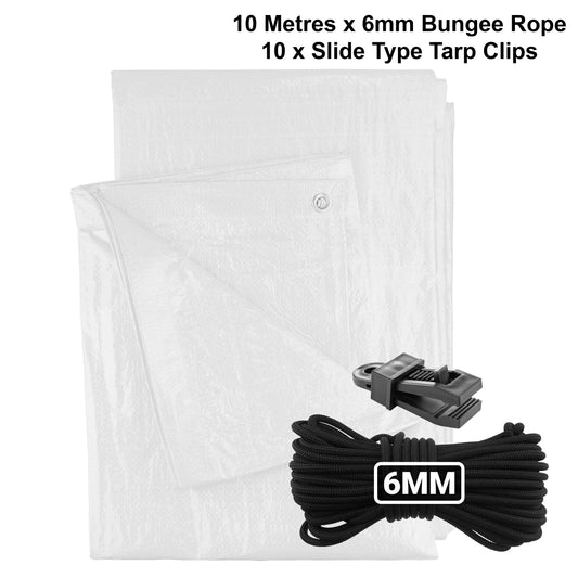 White M-Grade Tarpaulin with 10m of 6mm Bungee Rope and 10 x Slide Type Tarp Clips - Best4Trade-Retail Tarpaulins
