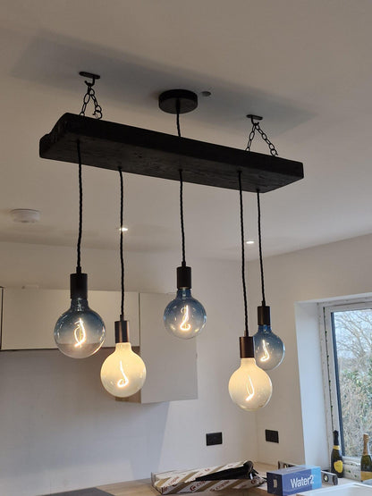 Wooden Chandelier with Black Canopy | Rustic Kitchen Island Lighting UK