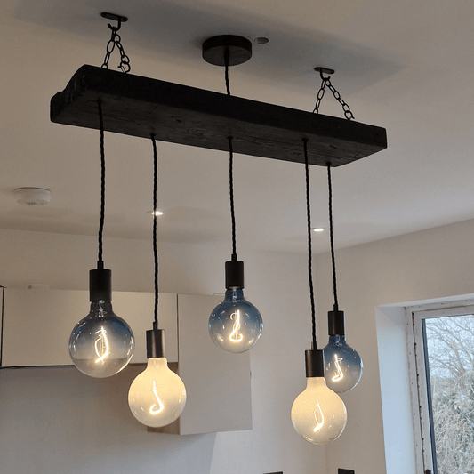 Wooden Chandelier with Black Canopy | Rustic Kitchen Island Lighting UK - MooBoo Home Lighting