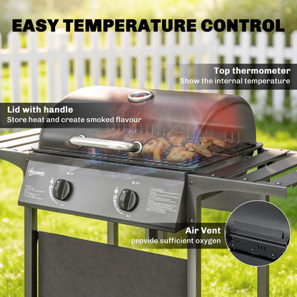 Outsunny Gas Burner Barbecue Grill, 2 Burner Gas Grill with Side Tables, Warming Rack, Shelf, Thermometer, Grease Tray, Black